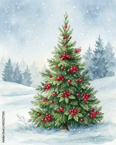 watercolor christmas tree in snow