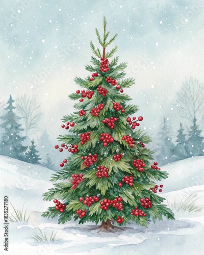 watercolor christmas tree in snow