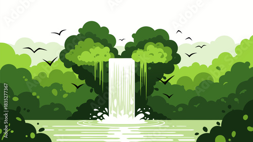 Vibrant Vector Illustration of a Lush Green Waterfall Plunging into a Serene Tropical Forest Landscape, with Rich Foliage, Reflective Water, and Graceful Flying Birds
