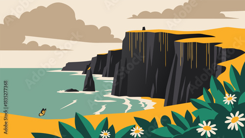 Scenic coastal cliffs and ocean view with flowers, a landscape illustration in flat design style
