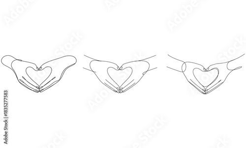 Minimalist line art of hands forming a heart symbol representing love care support compassion and connection
