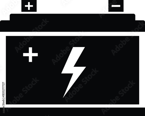 Automotive battery power supply icon, car energy source symbol, reliable electric vehicle component, isolated black and white charging accumulator.