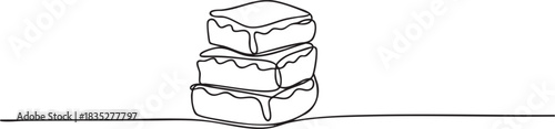 Single continuous line drawing of stacked brownie pieces in a clean minimal composition, modern simple outline vector illustration