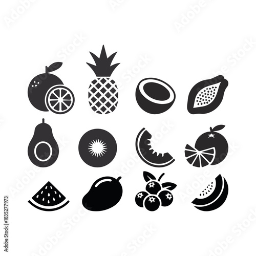 Black fruit icon set for menus, labels, and branding.	