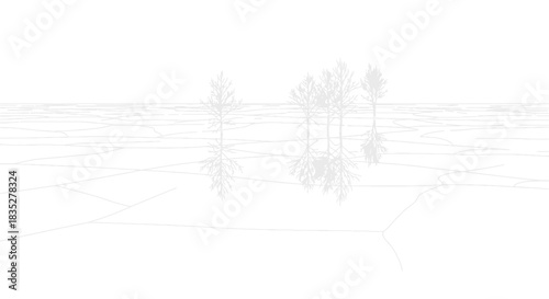 Minimalist winter scene of bare trees reflected on cracked ice against white sky