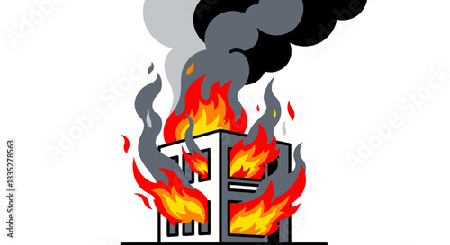 Burning building illustration with vivid flames and dark billowing smoke visual narrative