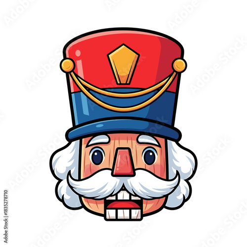 Cartoon illustration of a classic Christmas nutcracker soldier's head with a large white mustache.
