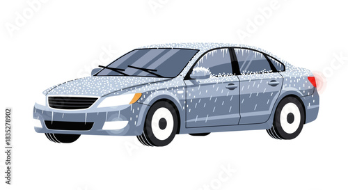 Icy vehicle illustration, frozen sedan covered with snow and icicles on a white background