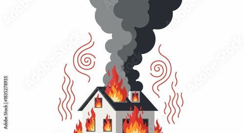 Cartoon illustration of house engulfed in flames, illustrating the dangers of fire hazards for