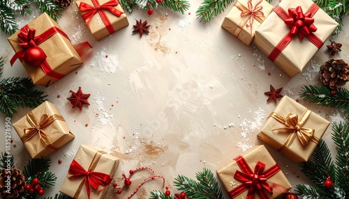 Wrapped gifts and festive decorations on a light surface during winter holiday season