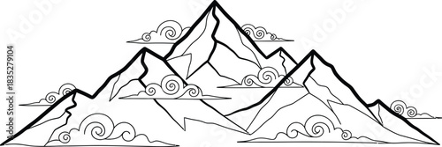 Mountain range illustration with clouds in black and white minimalist line art