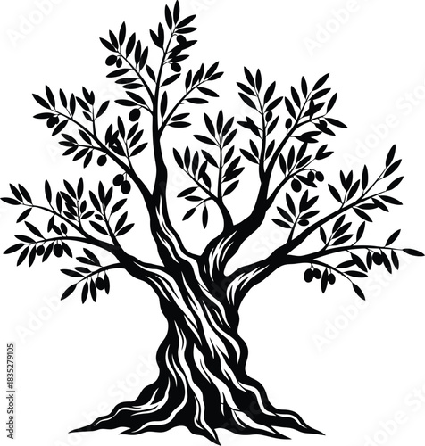 Detailed Black Silhouette of a Mediterranean Olive Tree Vector Illustration – Ancient, Engraved Style Design Symbolizing Peace, Longevity, Nature, Health, and Natural Food Oil.