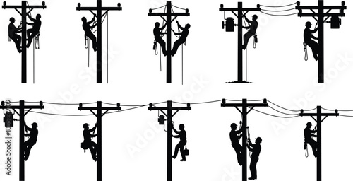 Electrician silhouettes climbing utility poles, linemen working on power lines, maintenance, electricity, black and white vectors, industrial workers.