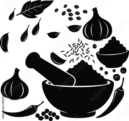 Set of Black Kitchen Spice and Herb Silhouettes: Mortar and Pestle Grinding Ingredients like Garlic, Chili Pepper, Bay Leaf, and Seeds for Cooking, Food, and Natural Flavor.