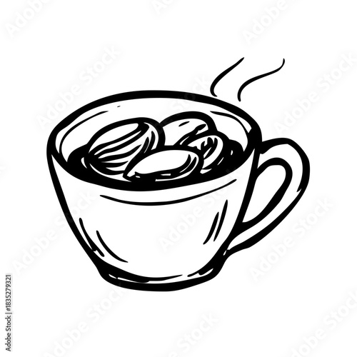 Hand-drawn coffee cup with steaming beans for morning brew
