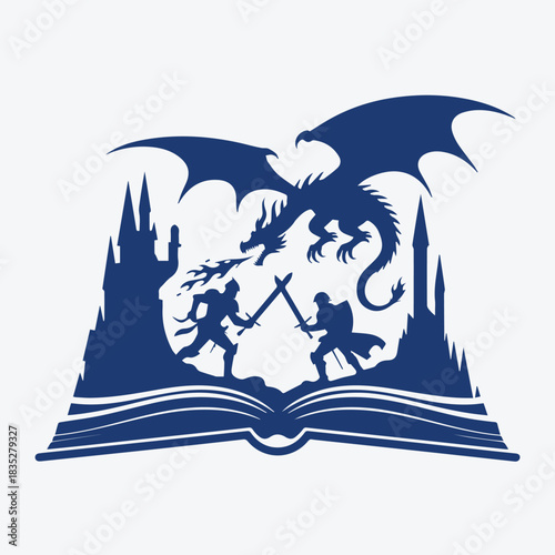 Epic Fantasy Silhouette of Dragon and Knights Fighting on an Open Book