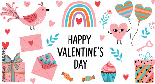 Adorable Happy Valentine's Day Vector Collection with Cute Bird, Rainbow, Heart Balloons, Gift Boxes, Cupcake, and Love Letters, Perfect for Romantic Cards and Holiday Graphics