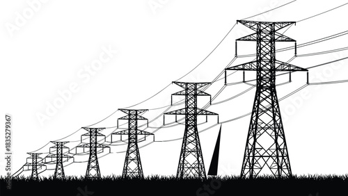 High Voltage Power Line Transmission Towers Silhouette Vector Illustration on Grass, Electricity Pylon Infrastructure Grid, Energy Distribution Industry Concept.
