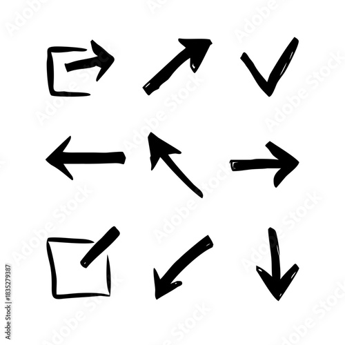 Hand-drawn arrows and checkmark icons pointing various directions