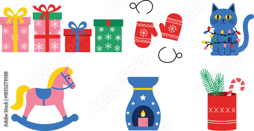 Vibrant Christmas Holiday Vector Set Featuring Colorful Gift Boxes, Red Mittens, Cute Blue Cat Tangled in Lights, Pink Rocking Horse, and Essential Winter Decoration Elements