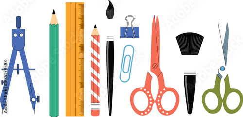 Essential School and Office Stationery Vector Set, Featuring Compass, Pencils, Ruler, Scissors, and Paper Clips, Ideal for Back-to-School, Education, and Creative Project Graphics.