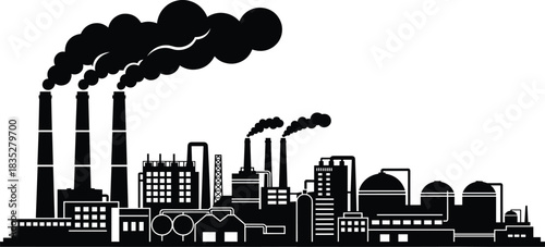 Industrial city pollution concept, black silhouette factory buildings, chimneys emitting heavy dark smoke, urban air contamination, manufacturing industry environmental risk.