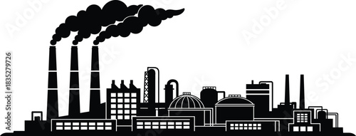 Industrial city factory skyline silhouette producing dark smoke, pollution, and smog from tall chimneys, symbolizing environmental impact, power, manufacturing, and economy.