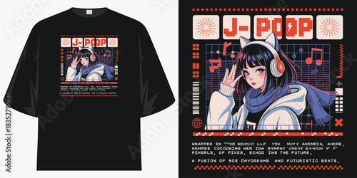 retro y2k anime girl j-pop graphic tee shirt illustration japanese music style aesthetic vector artwork t shirt design vector illustration artwork