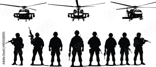 Military Special Forces Silhouette with Tactical Helicopters, Warzone Soldiers, Troops, Weapons, and Combat Action Vector Illustration