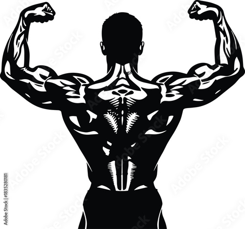 Muscular bodybuilder flexing back double biceps pose, showcasing ripped detailed anatomy, fitness health strength power workout routine, strong male physique.