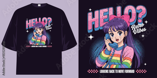 retro anime girl on phone graphic tee shirt design illustration hello retro vibes vector artwork t shirt design vector illustration artwork
