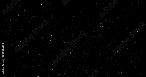 Snowfall overlay on black background. Slowly falling snow effect. Long duration.