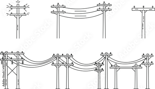 Overhead electric power line and telephone pole vector icon set, urban utility infrastructure for electricity and telecommunication network distribution.
