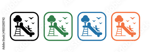 Playground icons with children sliding down a slide, in four different colors.