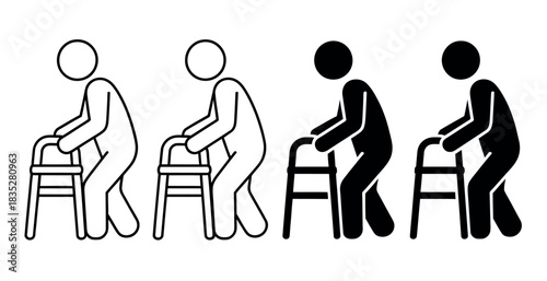 Four stick figures representing different stages of aging and mobility support.