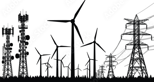 Telecommunication towers, wind turbines, and electricity pylons silhouette representing renewable energy, power generation, and modern digital network infrastructure development, clean power.