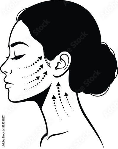 Black and White Vector Icon of Woman’s Profile with Skincare Arrows Representing Facial Lifting and Beauty Treatment
