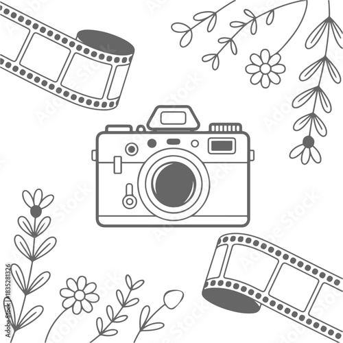 a camera and film strip with flowers and leaves illustration