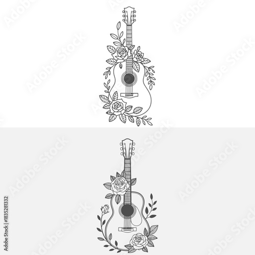 a guitar with flowers and leaves coloring page