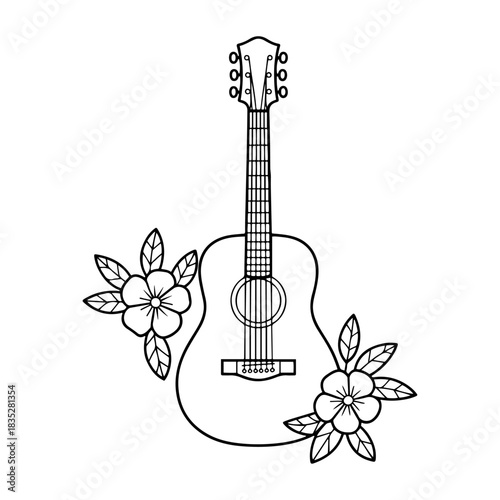 a guitar with flowers and leaves coloring page