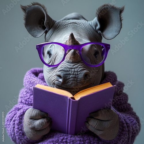 portrait of animal wearing glasses and holding book with both paws, is intently reading book, modern minimalist decor. Funny animal concept, animal as human being. cozy atmosphere at home