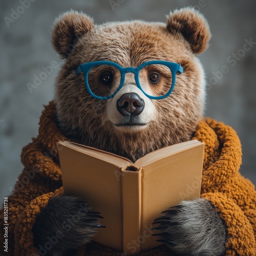 portrait of animal wearing glasses and holding book with both paws, is intently reading book, modern minimalist decor. Funny animal concept, animal as human being. cozy atmosphere at home