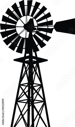 Vintage Farm Windmill Silhouette Vector Isolated on White, Retro Agricultural Wind Pump for Water, Energy, and Power Generation, Rustic Tower Structure