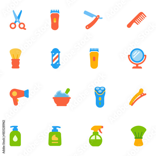 Barbershop and Hairdressing Professional Tools Flat Color Icon Set. Scissors, Clippers, Straight Razor, Comb, Brush, Mirror, Dryer.