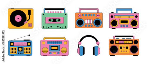 Old Music Equipment Vector.. Vintage Audio Devices in Colorful Illustration
