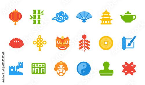 Traditional Chinese Culture and Lunar New Year Flat Color Icon Set. Lantern, Bamboo, Cloud, Fan, Temple, Dumpling, Dragon, Firecracker, and Coin.