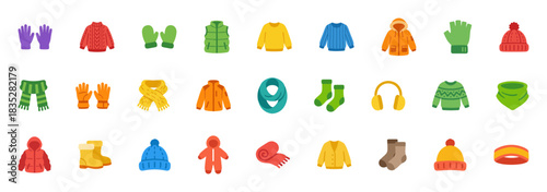 Winter Clothing and Accessories Flat Color Icon Set. Gloves, Sweater, Vest, Jacket, Scarf, Socks, Earmuffs, Boots, Snowsuit, and Hat for Cold.