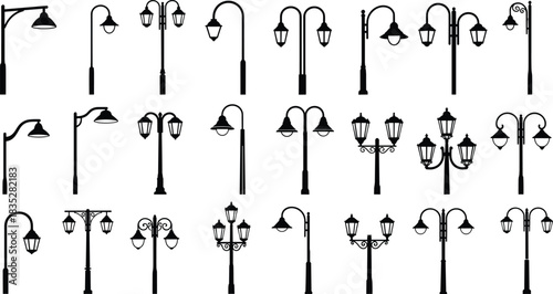Vintage Street Lamp Post Silhouettes Collection, Urban Park Lighting Elements, Outdoor Garden Lantern Set, Decorative Old-Fashioned Lights Design