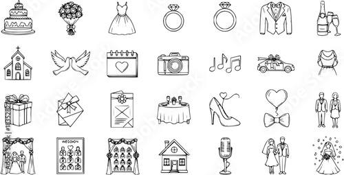 Wedding Black  White Line Art Hand-Drawn Icons Collection. Outline Doodle Symbols for Marriage, Ceremony, and Event Planning. Vector Elements Set.