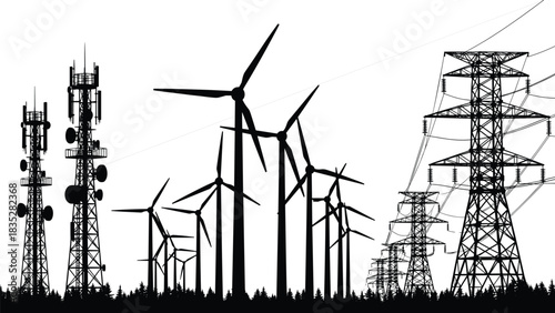 Wind turbines generating renewable green electricity powering telecommunication towers and high voltage transmission lines, energy infrastructure silhouette.